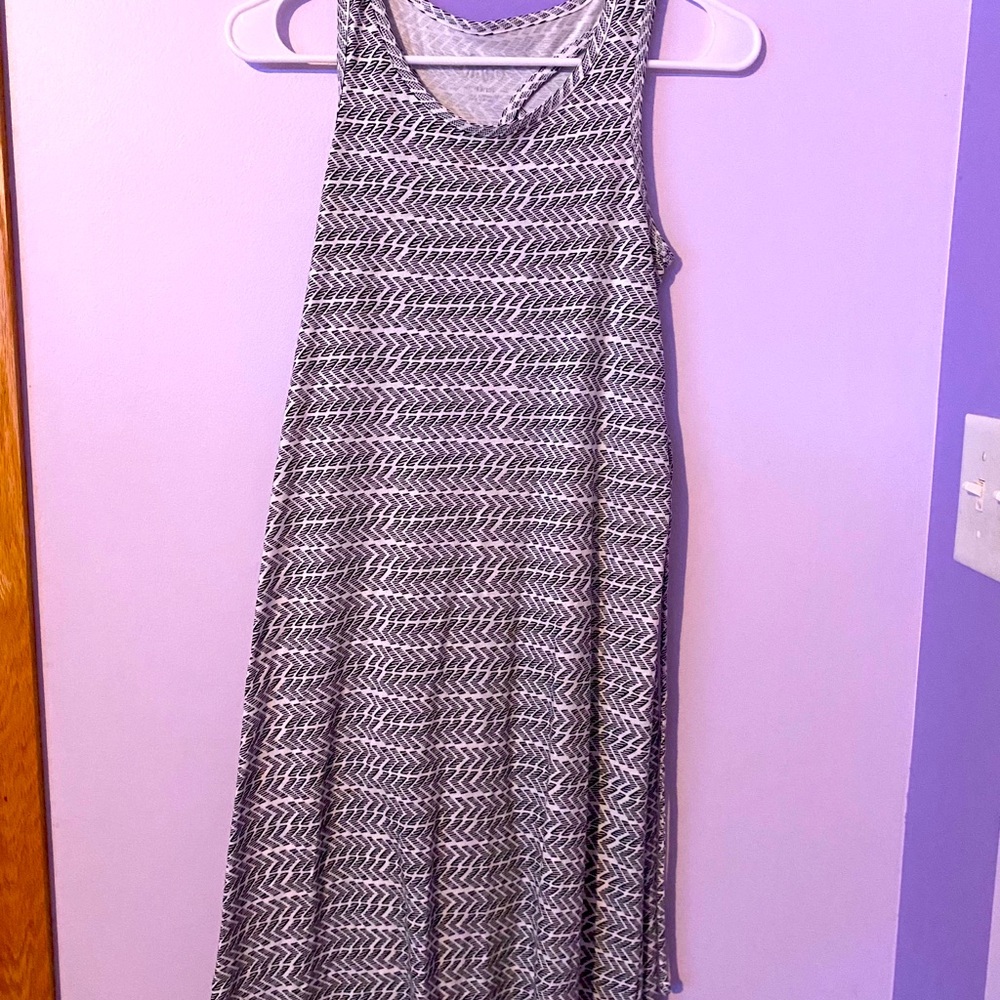 Black and white stripped floor length dress.